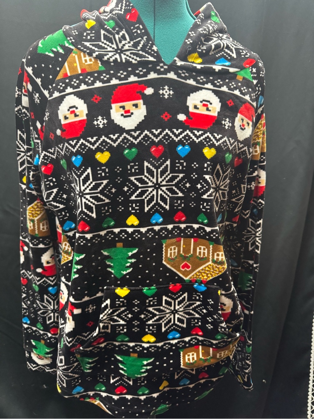 Kids Black Holiday Hoodie Sweater with Santa & Festive Motifs